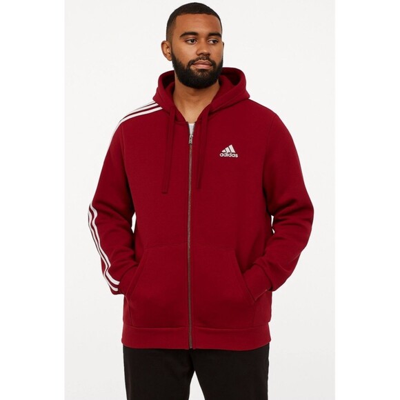 Men's adidas Essentials 3-Stripe Full Zip Fleece Hooded Sweatshirt Red Sz Large - Picture 1 of 10